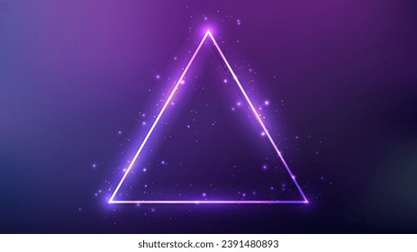 Neon triangle frame with shining effects and sparkles on dark purple background. Empty glowing techno backdrop. Vector illustration
