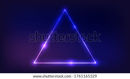 Neon triangle frame with shining effects on dark background. Empty glowing techno backdrop. Vector illustration.