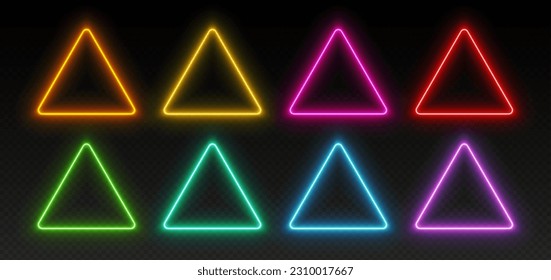 Neon triangle frames, glowing borders set, colorful futuristic UI design elements. Vibrant glowing geometric shapes, modern signs in various colors isolated on dark backdrop. Vector illustration.