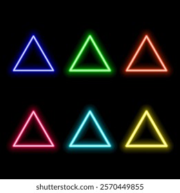 Neon triangle. Futuristic retro model. Music poster with bright element. Cyberpunk geometric shape. Electronic music design. Future minimum flag