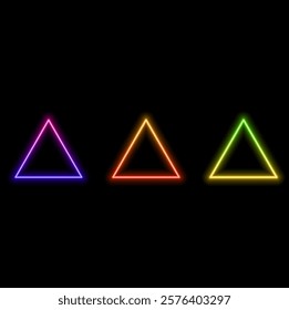 Neon triangle. Futuristic retro model. Music poster with bright element. Cyberpunk geometric shape. Electronic music design. Future minimum flag. Retrowave effect..