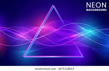 Triángulo de neón con líneas de onda brillantes y efectos de partículas sobre fondo degradado oscuro: diseño Abstractas futurista en rosa, azul y púrpura para el arte digital
