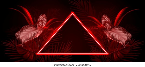 Neon triangle and red tropical plants on black background. Vector realistic illustration of summer nightclub or hawaiian beach party banner template, poster with exotic leaves and triangular frame