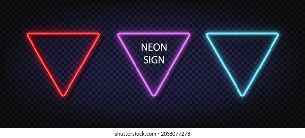 Neon triangle sign. Glowing color vector set realistic neon square. Shining led or halogen lamps frame banners.