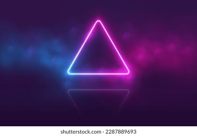 Neon triangle with smoke, gradient led border, portal with haze clouds. 3D abstract retro tech background. Vector illustration.