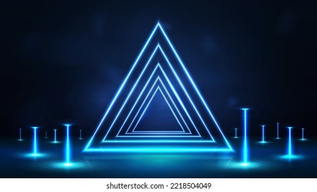 Neon triangles frames in dark room with line vertical blue neon lamps around