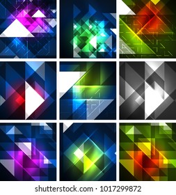 Neon triangles on color dark background, digital techno templates set