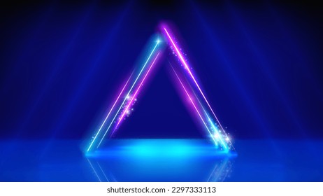 Marco triangular neón, arco triangular liderado, líneas de luz. Triángulo brillante. Etapa. Fondo, fondo para mostrar productos. Arco de neón azul rosado púrpura, marco. Ilustración del vector