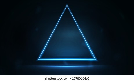 Neon triangular frame on dark background. Blue digital hologram neon triangle border with copy space in dark room.