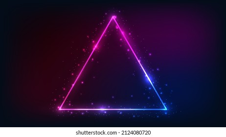 Neon triangular frame with shining effects and sparkles on dark background. Empty glowing techno backdrop. Vector illustration