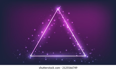 Neon triangular frame with shining effects and sparkles on dark background. Empty glowing techno backdrop. Vector illustration