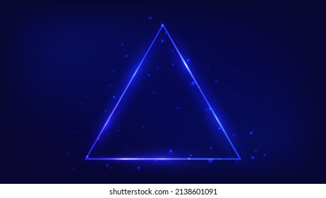 Neon triangular frame with shining effects and sparkles on dark background. Empty glowing techno backdrop. Vector illustration