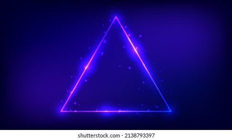 Neon triangular frame with shining effects and sparkles on dark background. Empty glowing techno backdrop. Vector illustration