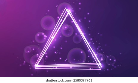 Neon triangular frame with shining effects and sparkles on purple background. Empty glowing techno backdrop. Vector illustration