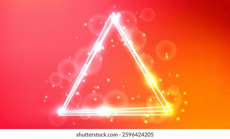 Neon triangular frame with shining effects and sparkles on orange background. Empty glowing techno backdrop. Vector illustration