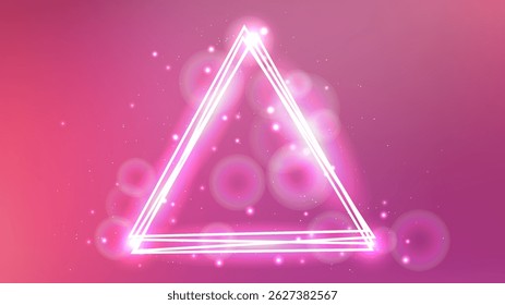 Marco triangular de neón con efectos brillantes y destellos sobre fondo rosa. Fondo techno brillante vacío. Ilustración vectorial