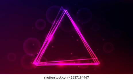 Neon triangular frame with shining effects and sparkles on pink background. Empty glowing techno backdrop. Vector illustration