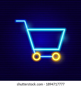 Neon Trolley Cart Icon. Vector Illustration of Shopping Object.