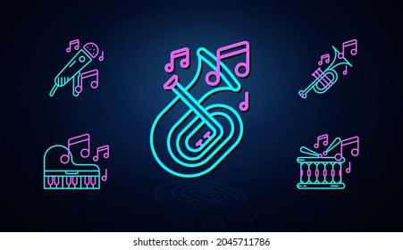 Neon trombone, microphone, drum, piano, snare drum and sheet music icon set looks clear. Neon line icon set. Entertainment and karaoke music icon. neon icon set.