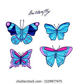 Neon tropic butterflies set vector. Illustration of hand drawn butteflies.