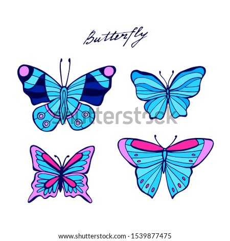 Neon tropic butterflies set vector. Illustration of hand drawn butteflies.