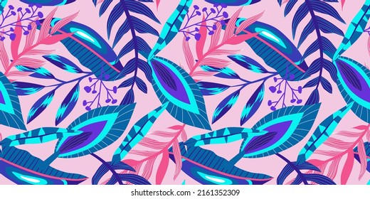 Neon tropic floral seamless pattern on pink background. Floral neon for bright summer design. Tropic jungle in abstract style on pink background