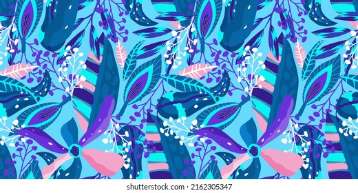 Neon tropic floral seamless pattern on blue background. Floral neon for bright summer design. Tropic jungle in abstract style on blue background.