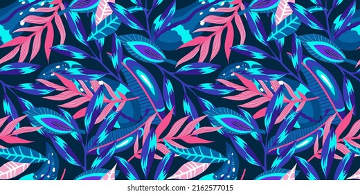 Neon tropic floral seamless pattern on dark background. Floral neon for bright summer design. Tropic jungle in abstract style on purple background.