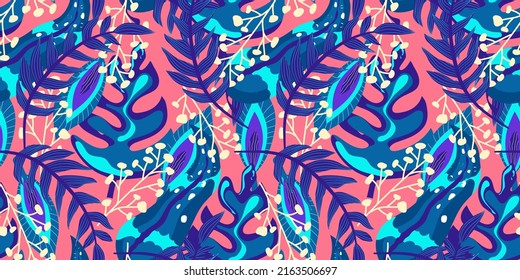 Patrón sin soldadura de tropismo neón floral sobre fondo azul. Neón floral para un brillante diseño de verano. Selva tropical en estilo abstracto sobre fondo azul