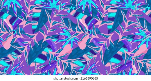 Neon tropic floral seamless pattern on purple background. Floral neon for bright summer design. Tropic jungle in abstract style on blue background