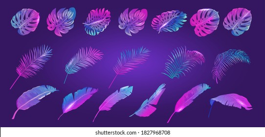 Neon Tropic Leaves Set, Vector Tropical Summer vibrant purple template, Banana, Monstera, Palm Leaf, Disco beach holidays elements collection, fluorescent colors design, paradise party illustration