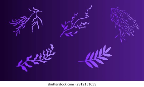 Neon Tropic Leaves Set, Vector Tropical Summer Leaf, vibrant purple template, Disco beach holidays elements collection, fluorescent colors design, paradise party illustration