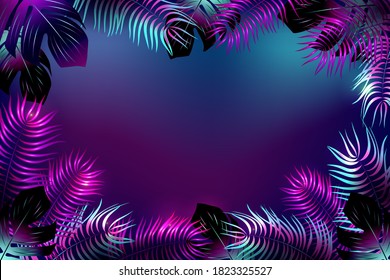 Neon tropical background  with  palm leaves and y letras.Summer night vector illustration.
