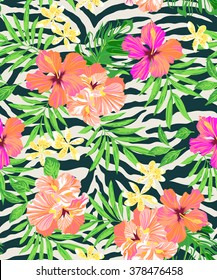 neon tropical flowers on zebra background ~ seamless pattern
