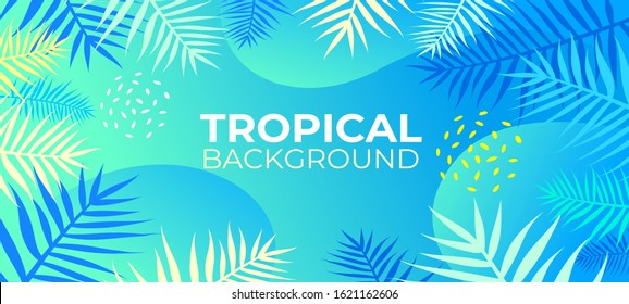 Neon tropical fluid horizontal background with jungle plants. Vector exotic banner with tropic palm leaves frame. Trendy fluid style and neon colors. Poster with copy space. Summer sale, ad design.