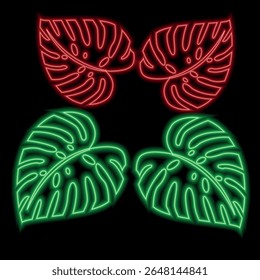 Neon tropical leaves with a glow effect on a dark background. Vector drawing in the style of neon signs. Bright glowing leaves. Red, and green.