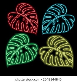 Neon tropical leaves with a glow effect on a dark background. Vector drawing in the style of neon signs. Bright glowing leaves. Red, yellow, blue and green.