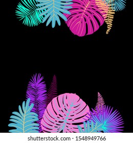 Neon tropical leaves of palm trees, monstera, fern and other plants. Vector color sketch on a black background. Ultraviolet pink, blue, turquoise. 
