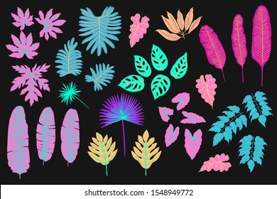 Neon tropical leaves of palm trees, monstera, fern and other plants. Vector color sketch on a black background. Ultraviolet pink, blue, turquoise. 