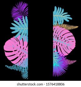 Neon tropical leaves of palm trees, monstera, fern and other plants. Vector color sketch on a black background. Ultraviolet pink, blue, turquoise. 