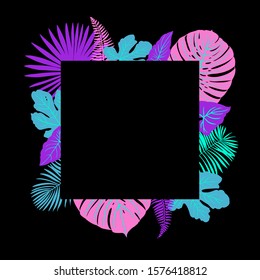 Neon tropical leaves of palm trees, monstera, fern and other plants. Vector color sketch on a black background. Ultraviolet pink, blue, turquoise. 