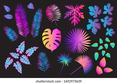 Neon tropical leaves of palm trees, monstera, fern and other plants. Vector color sketch on a black background. Ultraviolet pink, blue, turquoise. 