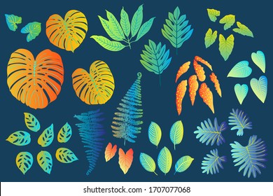 Neon tropical leaves of palm trees, monstera, fern and other plants. Vector color sketch on a blue background. Ultraviolet blue, turquoise, orange