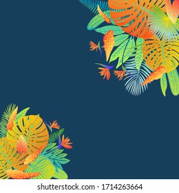 Neon tropical leaves of palm trees, monstera, fern and other plants. Vector color sketch on a blue background. Ultraviolet blue, turquoise, orange