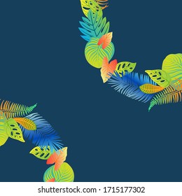 Neon tropical leaves of palm trees, monstera, fern and other plants. Vector color sketch on a blue background. Ultraviolet blue, turquoise, orange