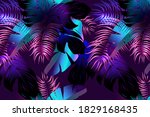 Neon tropical diseño  with  palm leaves and  letras.Summer night vector illustration.
