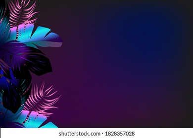 Neon tropical diseño  with  palm leaves and  letras.Summer night vector illustration.
