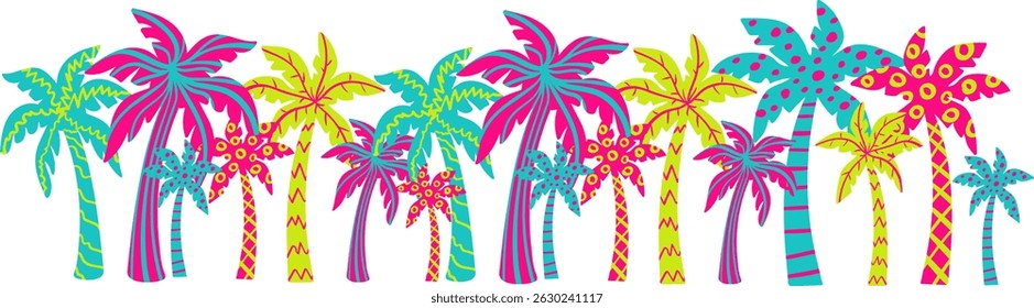 neon tropical palm tree vector elements in bold clashing colors – funky jungle exotic beach paradise art for summer party decoration, travel and surf design