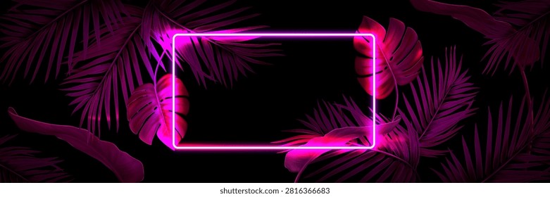 Neon tropical party rectangle frame glowing with pink palm and monstera leaves on dark background. Vector nightclub poster, summer beach events. Rainforest invitation border