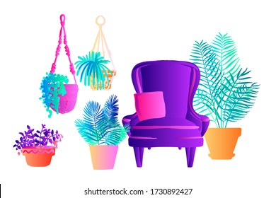 Neon tropical plants and flowers in pots. Vector color sketch on a white background. Ultraviolet pink, blue, turquoise. 